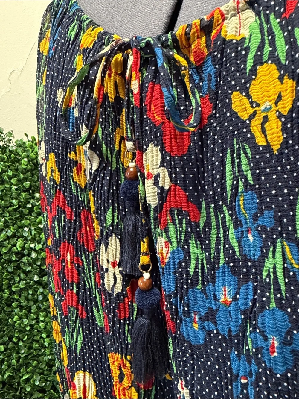 Tory Burch Navy Floral Tie-Neck Peasant Blouse with Tassels